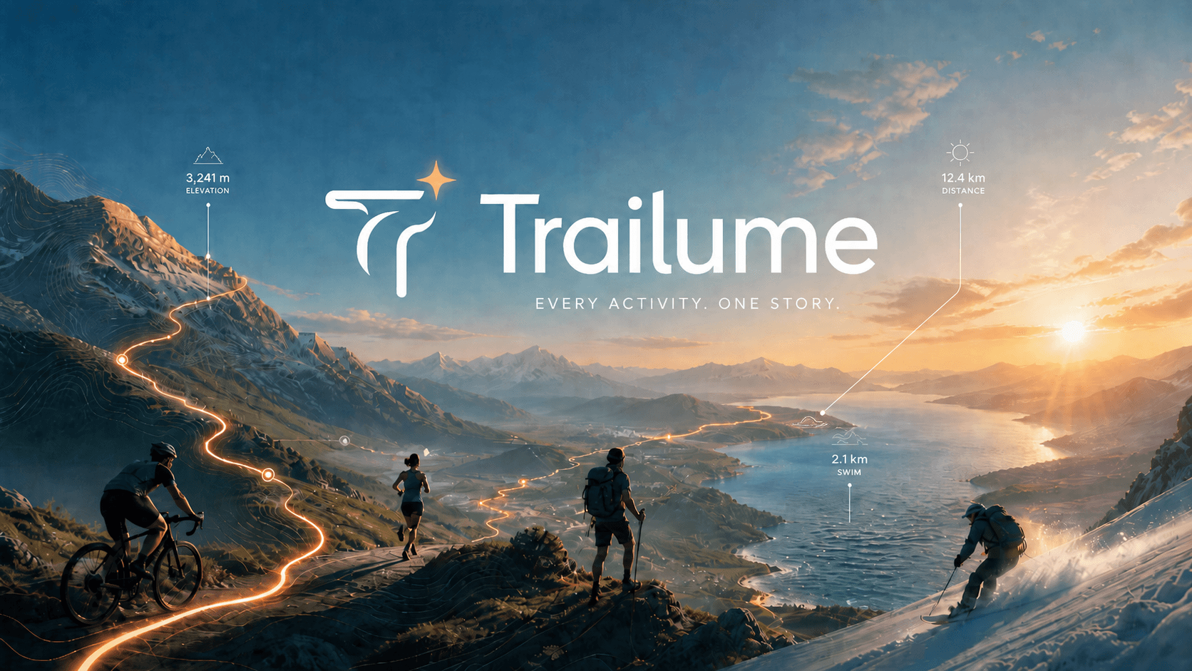 Trailume activity story scene with cyclists, runners, hikers, and route stats across a mountain landscape